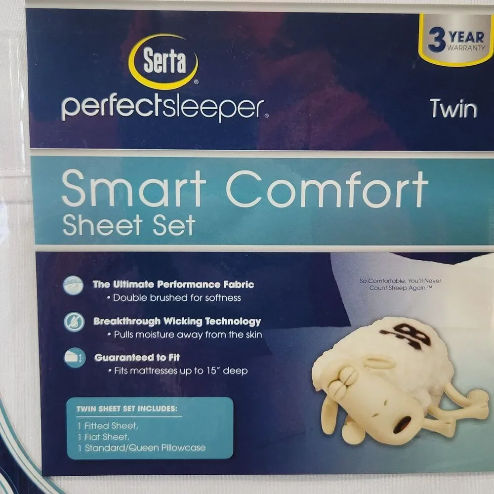 SERTA 3 Piece Twin Sheet Set White Smart Comfort Wicking